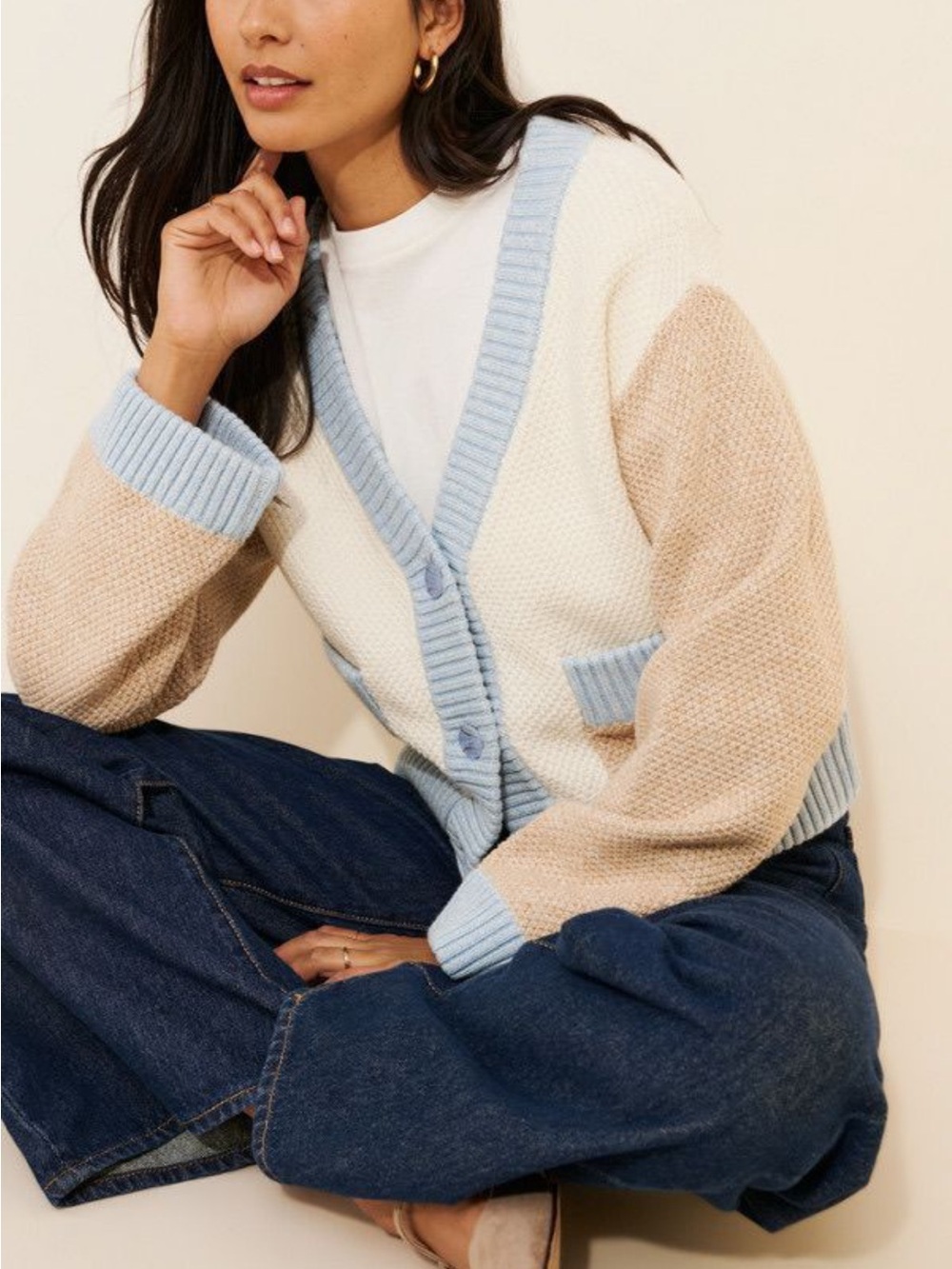 Colorblock Cream, Light Blue & Beige V-Neck Cardigan Sweater